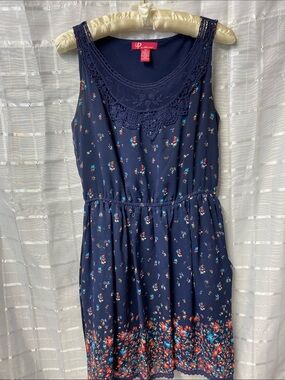 Ultra Pink Navy Floral Sleeveless Midi Dress with Crochet Yoke